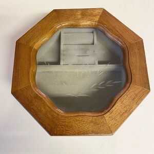 Vintage wooden octagon jewelry box with etched glass